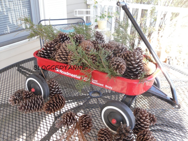 wagon with pinecones